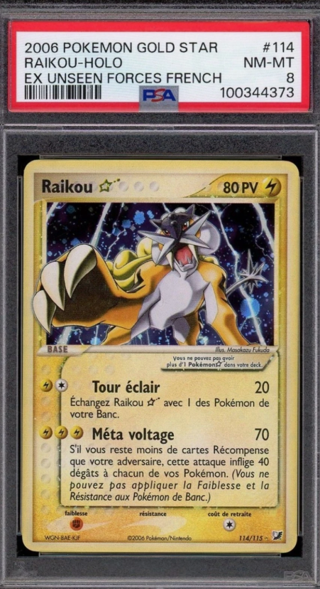 Carte Pokémon Raikou 114/115 Gold Star - Ex Forces Cachées (2006) - FR - PSA 8